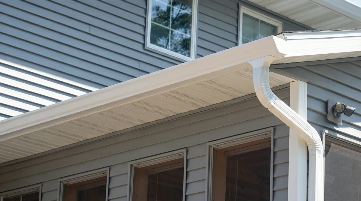 Professional home remodeling project showing newly installed white seamless gutters and downspouts on a house with gray siding in Spokane, WA