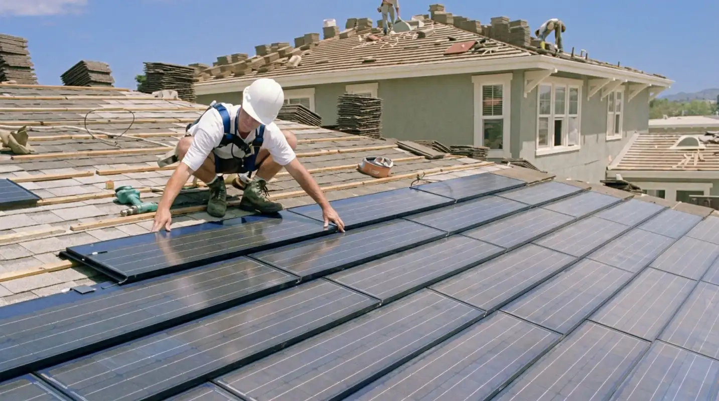 Roof replacement expert installing modern solar shingles on a residential home in Spokane, WA