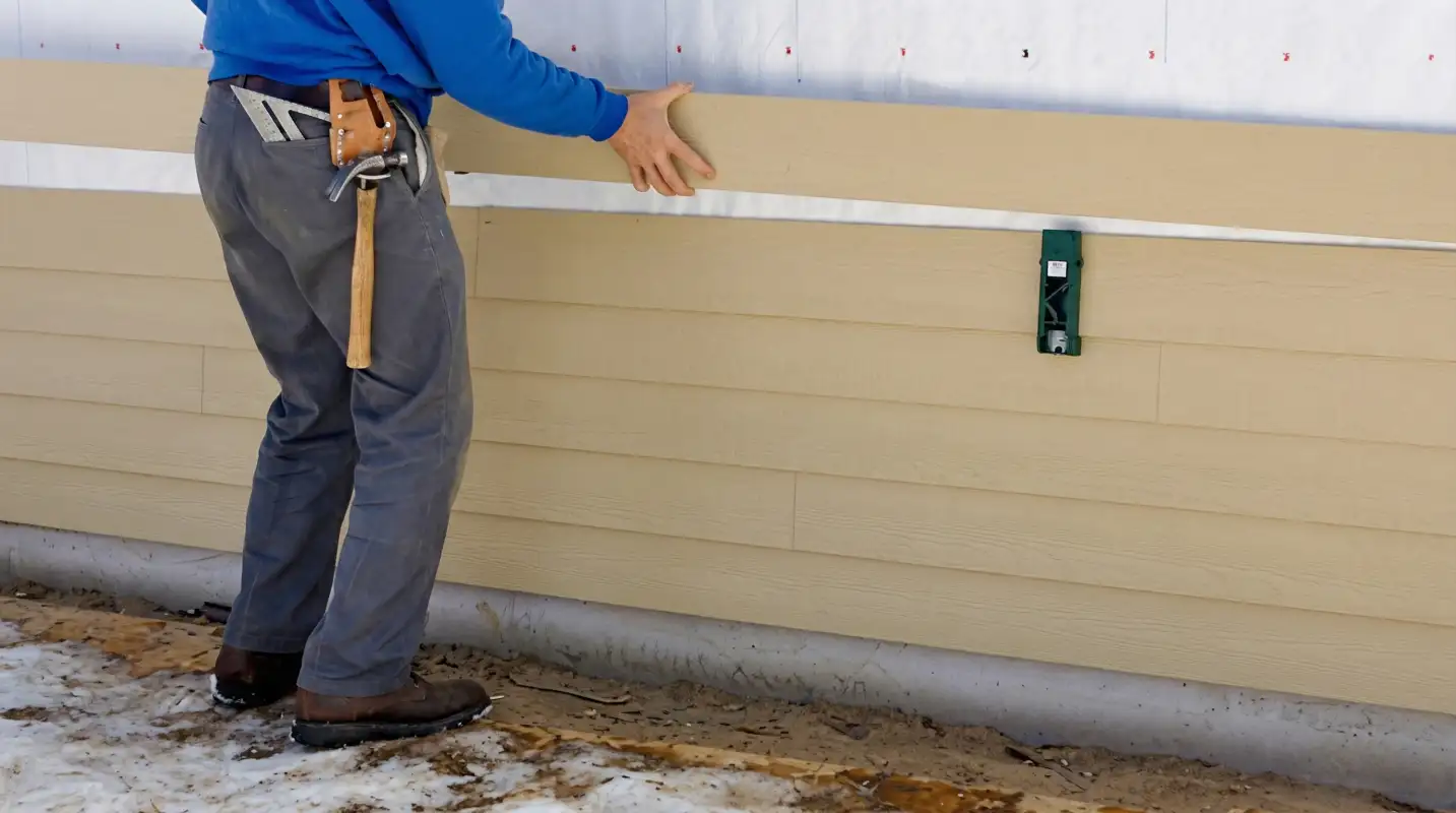 Siding replacement expert carefully aligning a new tan siding panel onto a residential exterior wall in Spokane, WA