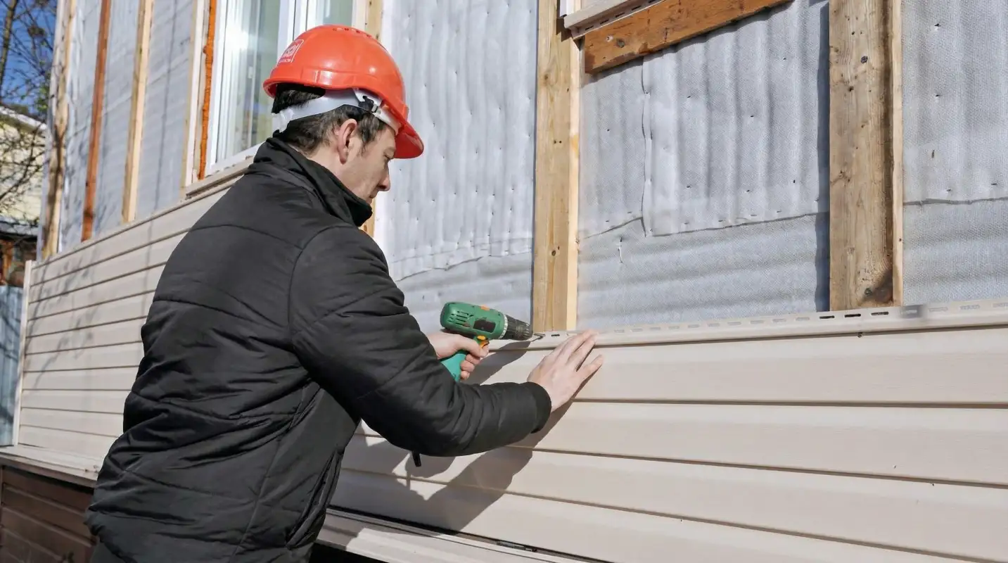 Siding replacement professional using a power drill to install new tan vinyl siding on a home exterior in Spokane, WA