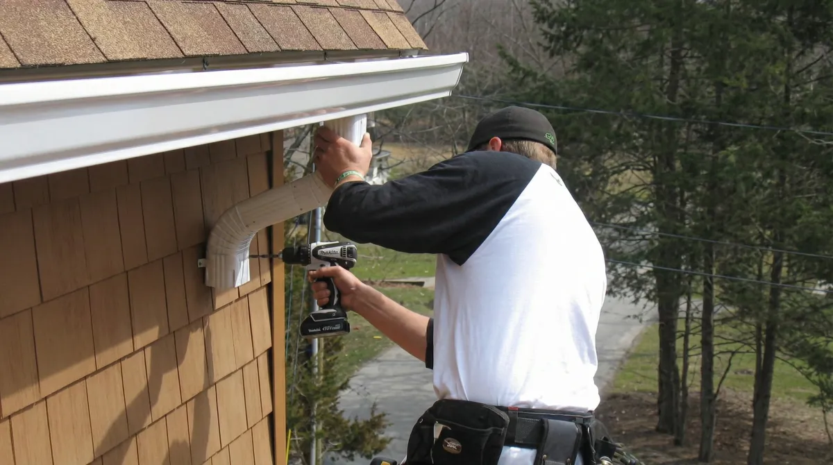 Professional contractor installing tan vinyl siding panels on a residential home exterior in Spokane, WA