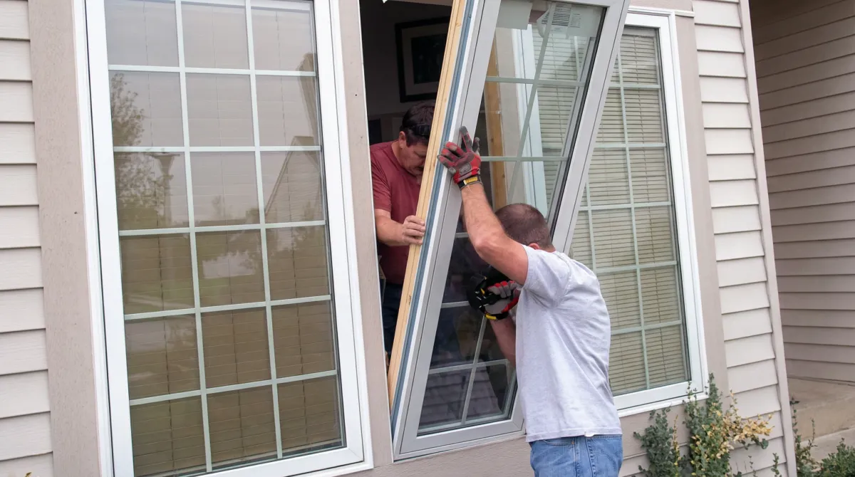 Professional home remodeling team installing a large replacement window on a house with tan siding in Spokane, WA