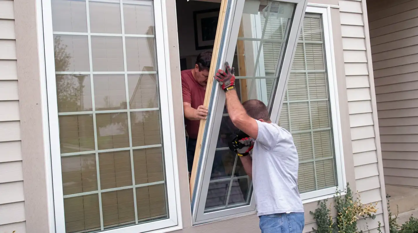 Professional home remodeling team installing a large replacement window on a house with tan siding in Spokane, WA